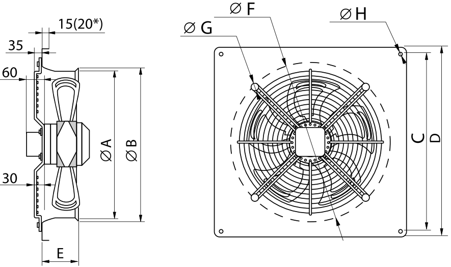 размеры на осевой промышленный вентилятор Lufberg AX-W-450-4E